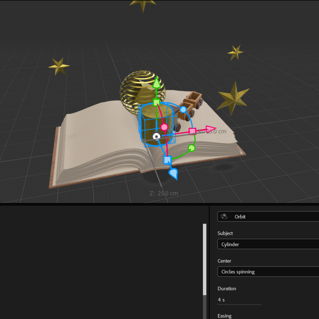 But a problem arose when the object wasn’t curving, even though I played the animation to give it a moving-forward effect. So I tried using a target object for it to follow, placing a cylinder in front of the train.